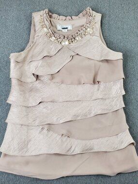 Collection Women's Size 4 Layered Ruffle Beaded Neckline Beige/Taupe Blouse